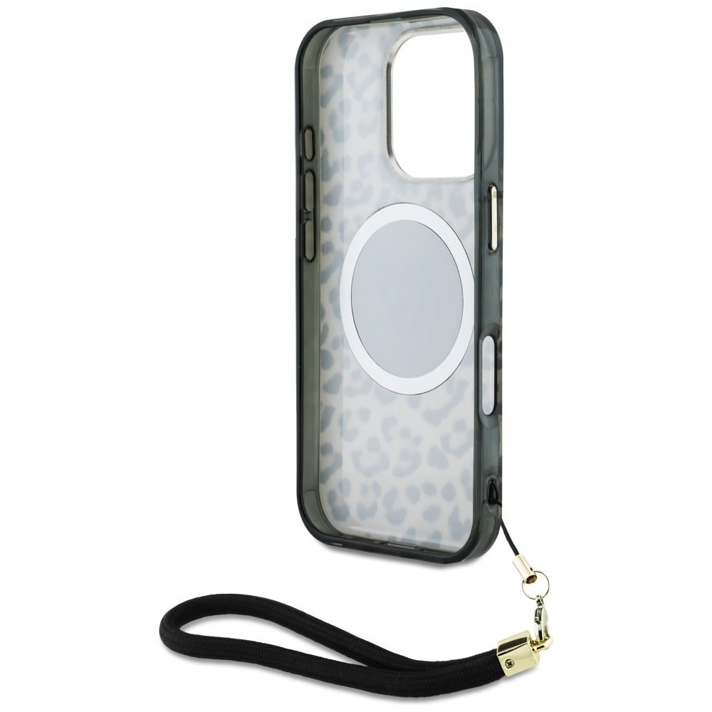Etui Guess HC IML Leopard Triangle Cord Strap do iPhone 16 Pro MagSafe brąz